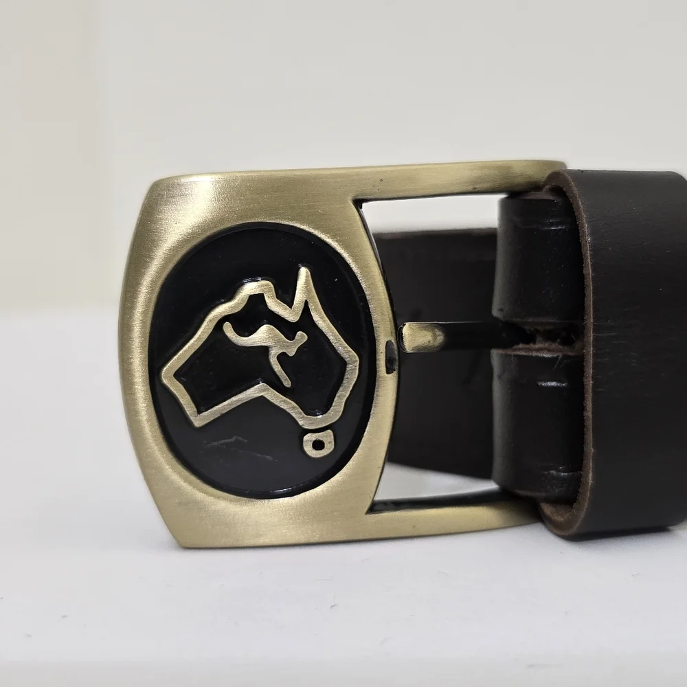 AUSTRALIA‎ belt size 36 Leather Brown Embossed Kangaroo Map Symbols Gold Buckle